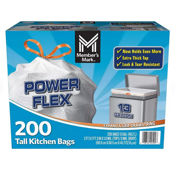 Member's Mark Power Flex Tall Kitchen Drawstring Trash Bags Unscented 13 gal., 200 ct.