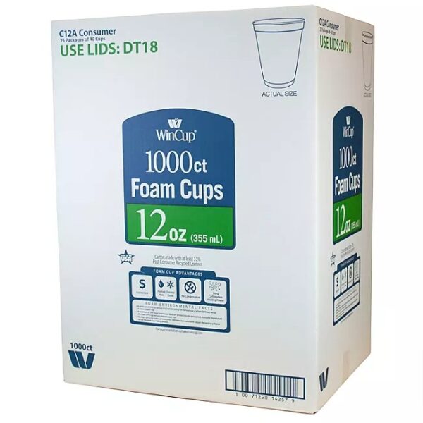 WinCup Foam Drink Cups, White, 12 oz, 1000ct.