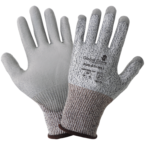 PUG-611 Polyurethane Coated 13-Gauge Salt-and-Pepper HPPE A4 Cut Resistant Gloves